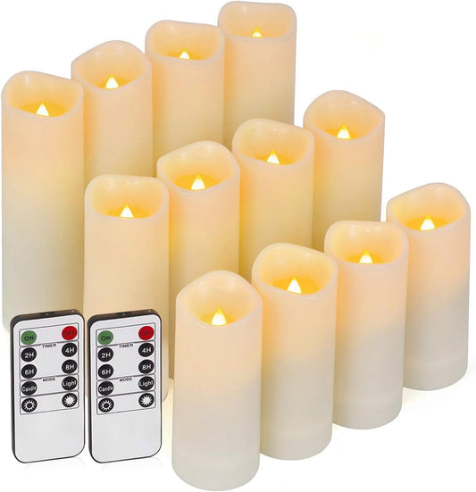 12 Pc Flameless LED Candles with Remote & Timer, Outdoor Waterproof, Flickering Electric Warm Lights for Cozy Home & Holiday Romantic Decor, Battery Operated (D 2.2” X H 4”/5”/6”