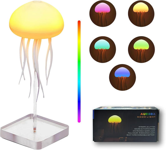 Jellyfish Lamp, LED Jellyfish Night Light with Dancing Legs, Rechargeable RGB Gradient Jellyfish Table Lamp with Voice Control Touch Sensor (Base Type)